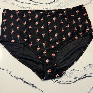 Swim by Cacique Plus Size 26 Black High-Waist Bikini Bottoms Pink Flamingo Print